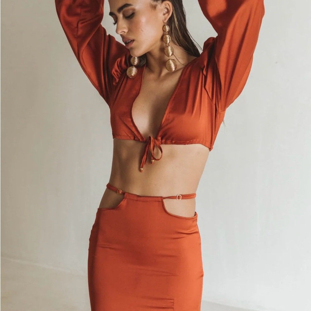 Orange Midi Pencil Skirt and Top with Cut Out for Cocktail